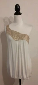 💕Cream & Gold Size 12 Floral Embroidery Detail Asymmetric One-Shoulder Top💕 - Picture 1 of 10