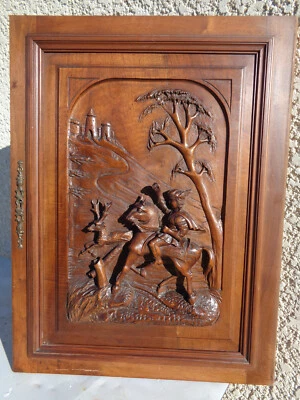 Portes Anciennes Meuble Bois sculpté chasse cerf chateau fort carved wood noyer - Photo 1/4