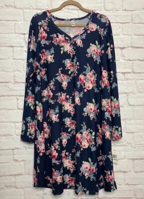 XL/1X/2 X новый вязаный синий белый цветочный печать ночная рубашка розовые розы 59 $ - Изображение 1 из 4