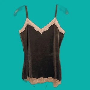 Y2K Dark Green Velvet Cami Tank Top Ivory Lace Trim Loft S Fairy Goth Grunge - Imagen 1 de 4