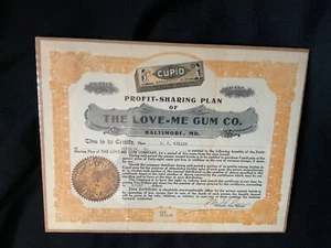 Vintage The Love-Me-Gum Co. Profit Sharing Certificate c. 1917 Baltimore RARE - Picture 1 of 5