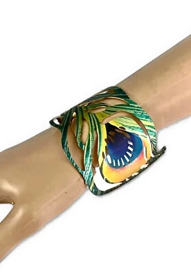 Peacock Feather Print Everyday Casual Chic Metal Print Cuff Bracelet - Image 1 of 4