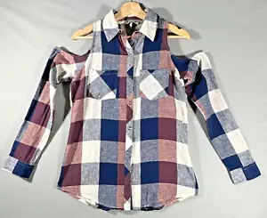 Womens BKE Plaid Cold Shoulder Long Sleeve Snap Closure Blouse Size Small NWT - Picture 1 of 16