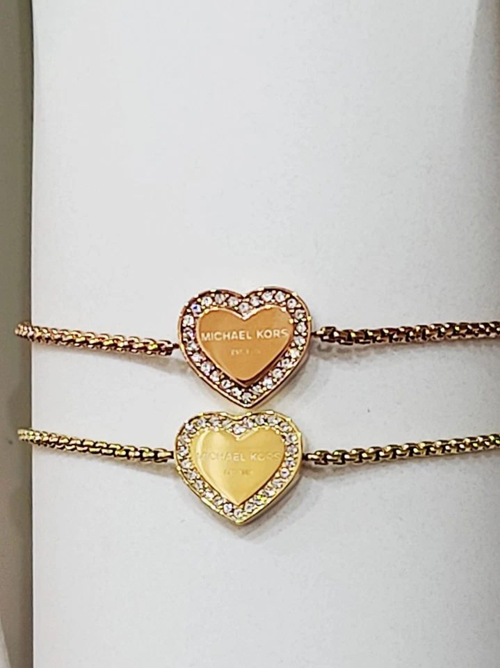 NEW 100% MICHAEL KORS Brand Rose Gold Logo Pave Heart Charm Sliding Bracelet - Image 1 of 1