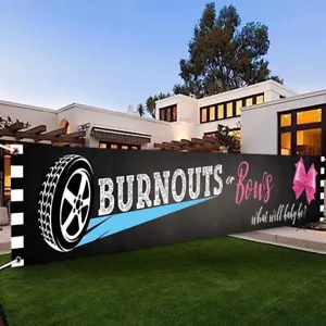 Burnouts or Bows Gender Reveal Backdrop Baby Shower Party Banner 118 x 20in - Picture 1 of 6