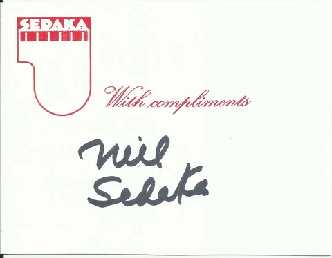Neil Sedaka Original Autograph Signed Piano Logo Compliment Card Cover
