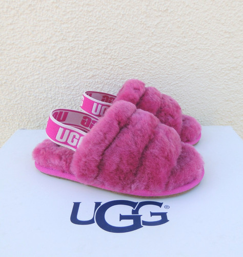 SANDALI UGG FUCSIA FLUFF YEAH SLIDE PELLE DI PECORA BAMBINO US 12 EUR 30 ~NUOVI CON SCATOLA