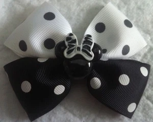 Girls Hair Bow 4" Wide Black & White Polka Dot Zebra Minnie French Barrette - Picture 1 of 3