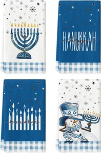 Blue Snowman Candle Hanukkah Kitchen Towels Dish Towels, 18X26 Inch, set of 4 - Picture 1 of 11
