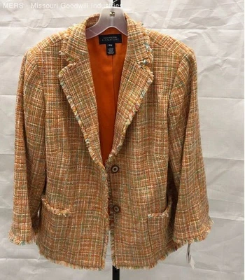 Jones New York Signature Orange Multi Plaid Fringe Detail Blazer Jacket Size 16W - Image 1 of 4