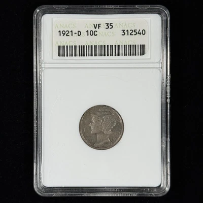 1921-D 10C VF35 Toned Mercury Dime - ANACS Soapbox - Nice Semi-Key Date Scarce - Image 1 of 4