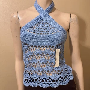 Women’s Blue Acrylic Casual Summer Open Stretch Slim Sheer One Size Blouse Top - Picture 1 of 20