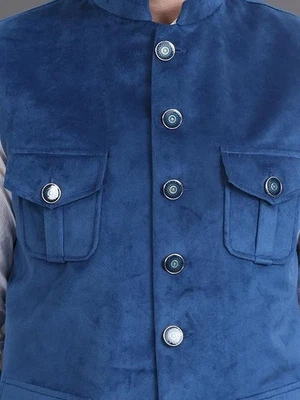 Chaqueta de recepción de terciopelo azul de 4 bolsillos para hombre chaleco estilo indio Foto 1 de 4