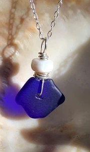 Sea Glass Necklace 925 Sterling Silver Chain Dainty Cobalt Blue Small Dainty - Picture 1 of 6