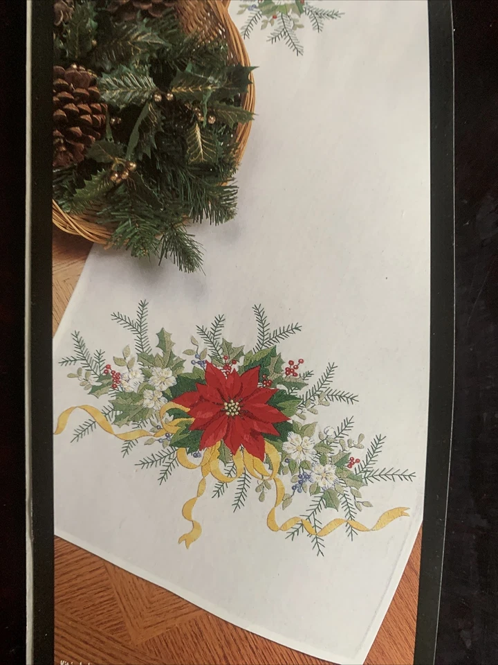 Victorian Poinsettia Table Runner Embroidery Kit Bucilla Unworked 13.5x44 - Image 1 of 4