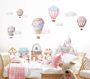 Watercolor Pink Hot Air Balloon Castle Baby Bear Removable Wall Decal Sticker - Bild 1 von 5