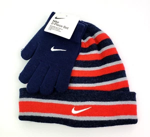 Nike Boys Size 8/20 Red Navy Striped Knit Warm Beanie Hat Gloves 2 Piece Set - Picture 1 of 4
