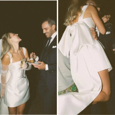 Mini vestidos de novia simples con lazo grande satinado vestidos de novia cortos blanco marfil Foto 1 de 4