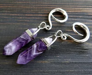 Amethyst hangers for stretched ear weights gauges Crystal February birthstone - Picture 1 of 5