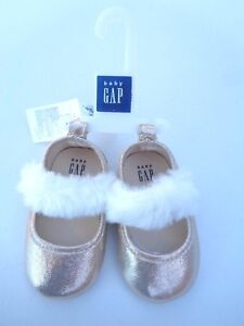 Baby Gap Fur Trim Ballet Flats Mary Jane Golden Silver Christmas Crib Shoes 3 4 