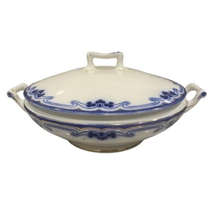 Antique WH Grindley Idris Flow Blue Olympic 9" Covered Round Tureen Serving Bowl - Picture 1 of 11