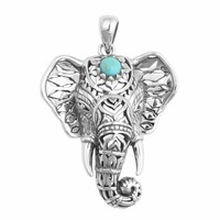 Boho Sterling Silver Elephant Vintage Turquoise Necklace (Pendant + Chain)