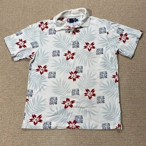 Chaps Ralph Lauren Polo Shirt Mens Medium White Leaf Pattern Hawaiian Print USA - Picture 1 of 8