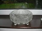 Vintage Heavy Clear Pressed Glass 4 Footed Fruit Bowl, Diamond & Shell Pattern