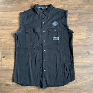 Harley Davidson Black Skull & Flames Button Up Sleeveless Shirt Vest Size M Fray - Picture 1 of 14