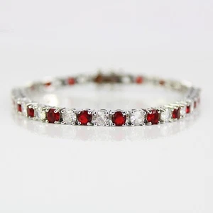 White Gold Finish Red Ruby Round Cut Created Diamond Alternating Bracelet - Picture 1 of 5