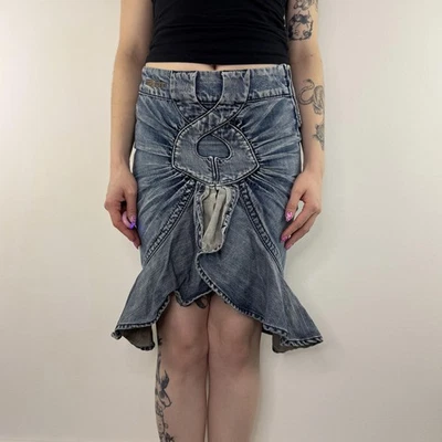 Y2K vintage Miss Sixty faded denim fishtail midi skirt ruffle ruched mid blue - Image 1 of 4