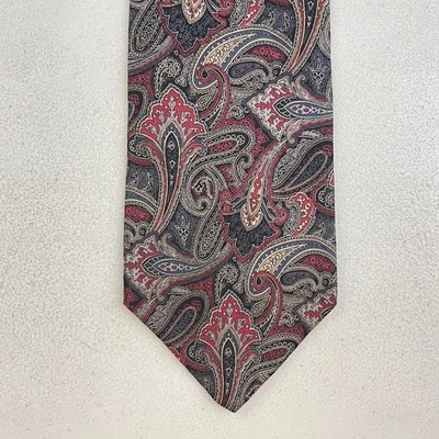 Gravata de seda vintage com estampa de paisley década de 1980 Lord & Taylor cinza/borgonha/bege - Imagem 1 de 3
