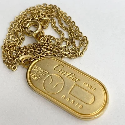 【Raro】Collar de placa Cartier grabado con logotipo, oro usado de Japón sin... - Imagen 1 de 4