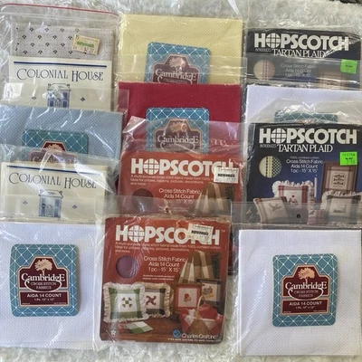 Cross Stitch Fabric Aida 14 Count Mixed Colors & Patterns Lot Of 12 Vtg - Image 1 of 4