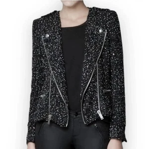 Zara Woman Divine Fantasy Black Tweed Boucle Moto Style Jacket Size XL - Picture 1 of 17