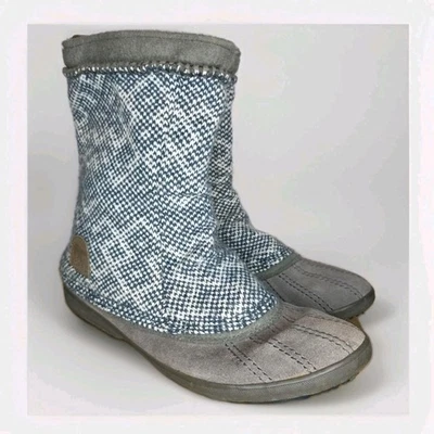 Brown Suede SORRL Tremblant Mid Calf Snow Boot 12 BlueWhite Knit Tweed Slouch - Image 1 of 4