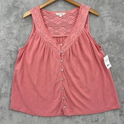 Lucky Brand Women's L Boho V-Neck Crochet Lace Trim Button Front Tank Top Pink - Image 1 of 4