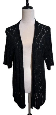 Kim Rogers Black Loose Crochet Open Front Cardigan Sweater Short Sleeve SZ XL - Image 1 of 4