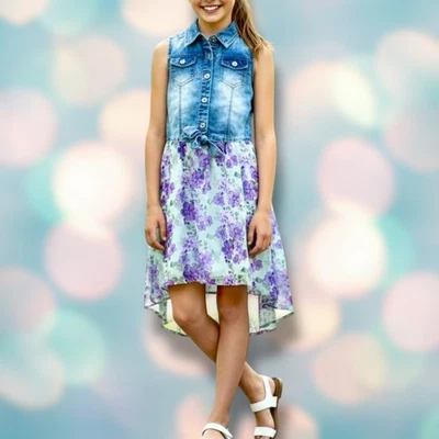 Vestido sin mangas floral púrpura denim azul de GUESS para niña talla 14 Foto 1 de 4