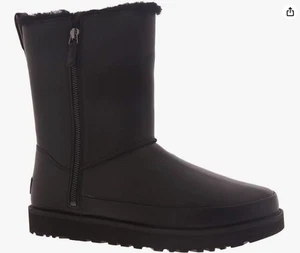 UGG Clásica Cremallera Corta Para Mujer Cuero Nieve Invierno Bota Negra EE. UU. Talla 7 Nueva - Imagen 1 de 6
