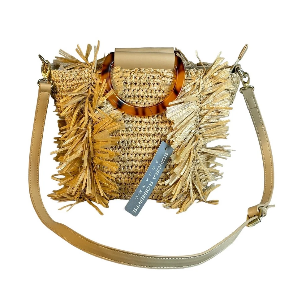 Sondra Roberts Boho Beach Fringe Squared Natural Straw Raffia Weave Bag Purse  - Image 1 of 4