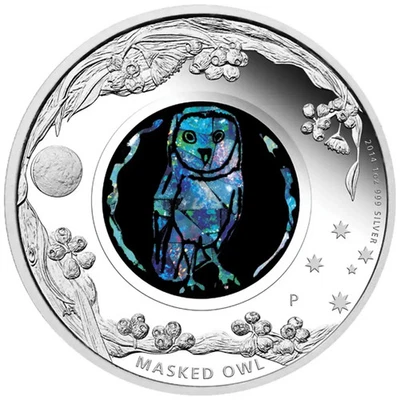 1 Oz Silbermünze Australien  Opal Serie PP - Masked Owl - Schleiereule - 2014 - Bild 1 von 4