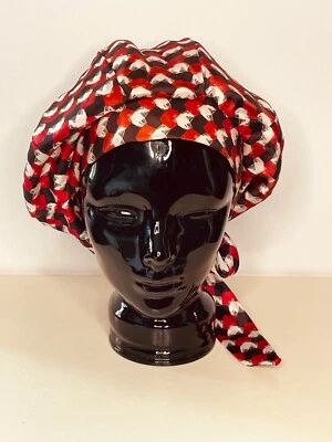 VTG 60'S MOD GENE DORIS RED BLACK&WHITE SILK GRAPHIC PRINT TIE BERET SNOOD HAT - Image 1 of 4