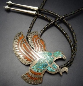 Majestic Signed Vintage EAGLE BOLO TURQUOISE CORAL CHIP INLAY Sterling Silver - Picture 1 of 12