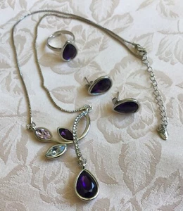Yves Rocher 3pc Amethyst/Purple Colour Costume Jewellery Necklace Earrings Ring - Picture 1 of 2