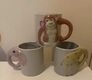 3 Vintage Children’s Animal Handle Mugs Cups Giraffe Monkey Elephant - Picture 1 of 9