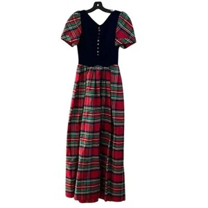 Emma Domb Vintage Red Tartan Plaid Taffeta & Blue Velvet Dress Womens Size XS-S? - Picture 1 of 13