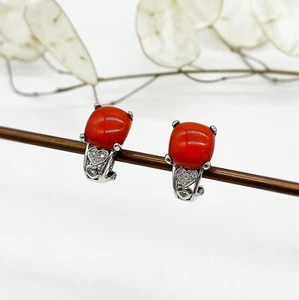 14 Karat White Gold Coral & Diamond Heart Earrings - Picture 1 of 3