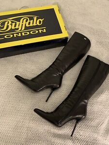 Buffalo 11480 High Heel Leder Stiefel Gr. 40, schwarz  Vintage. Rarität.