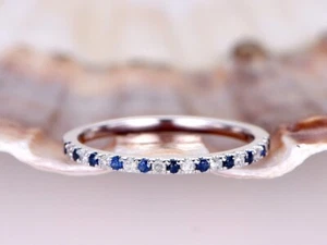 0.45 Ct Natural Sapphire & Diamond Wedding Eternity Band 14K White Gold Size 4 - Picture 1 of 7